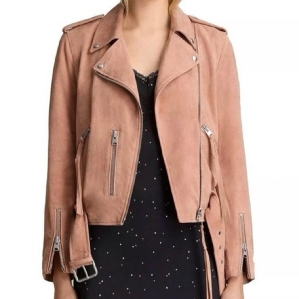 AllSaints Balfern Suede Light Pink Moto Jacket